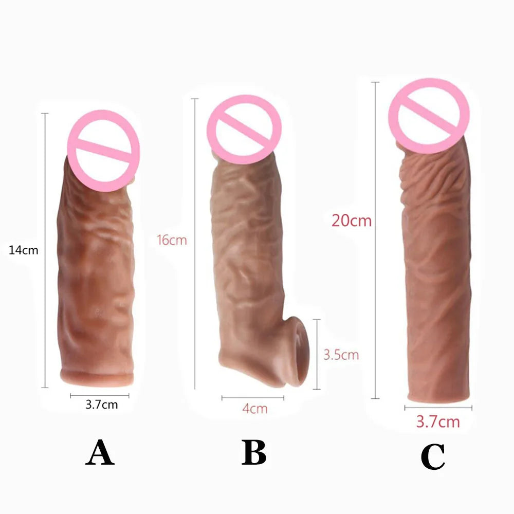 Realistic Penis Extension Cock Sleeve Reusable Silicone Penis Enlarger Delay Condoms for Adult Men Dildo Enhancer Sex Toys